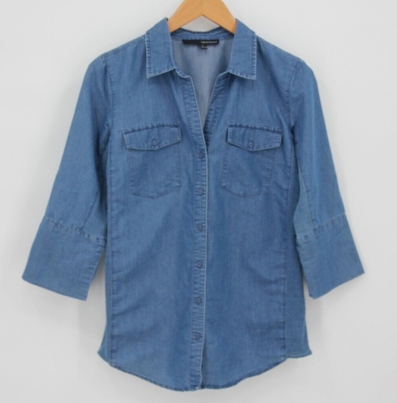 Notions Blue Chambray Denim Button-Up Shirt Adjustable Sleeve Tabs Sz Med. NWOT - Picture 1 of 10